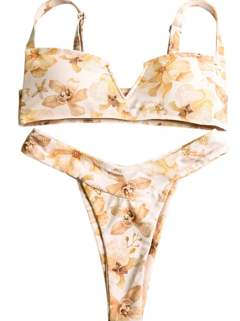 Gold Yellow and Off White Floral Print Thong Bikini Set - Size Small